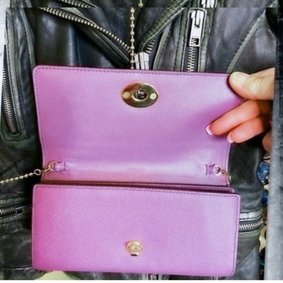 COACH PURPLE CROSSBODY BAG CLUTCH WALLET ON GOLD BEADED CHAIN - Picture 9 of 16